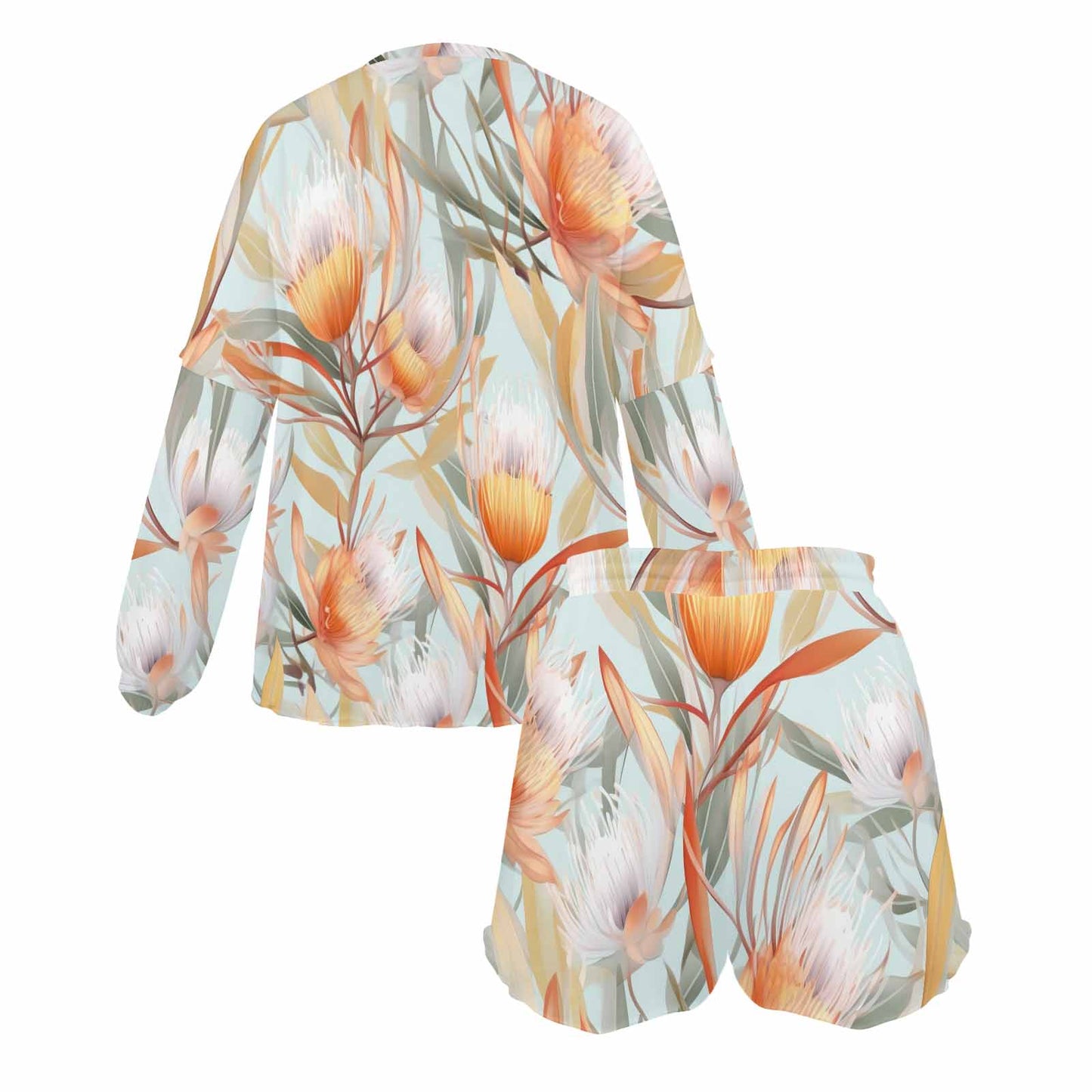 Australian Floral Green Women's Long Sleeve Pajama Set with Shorts