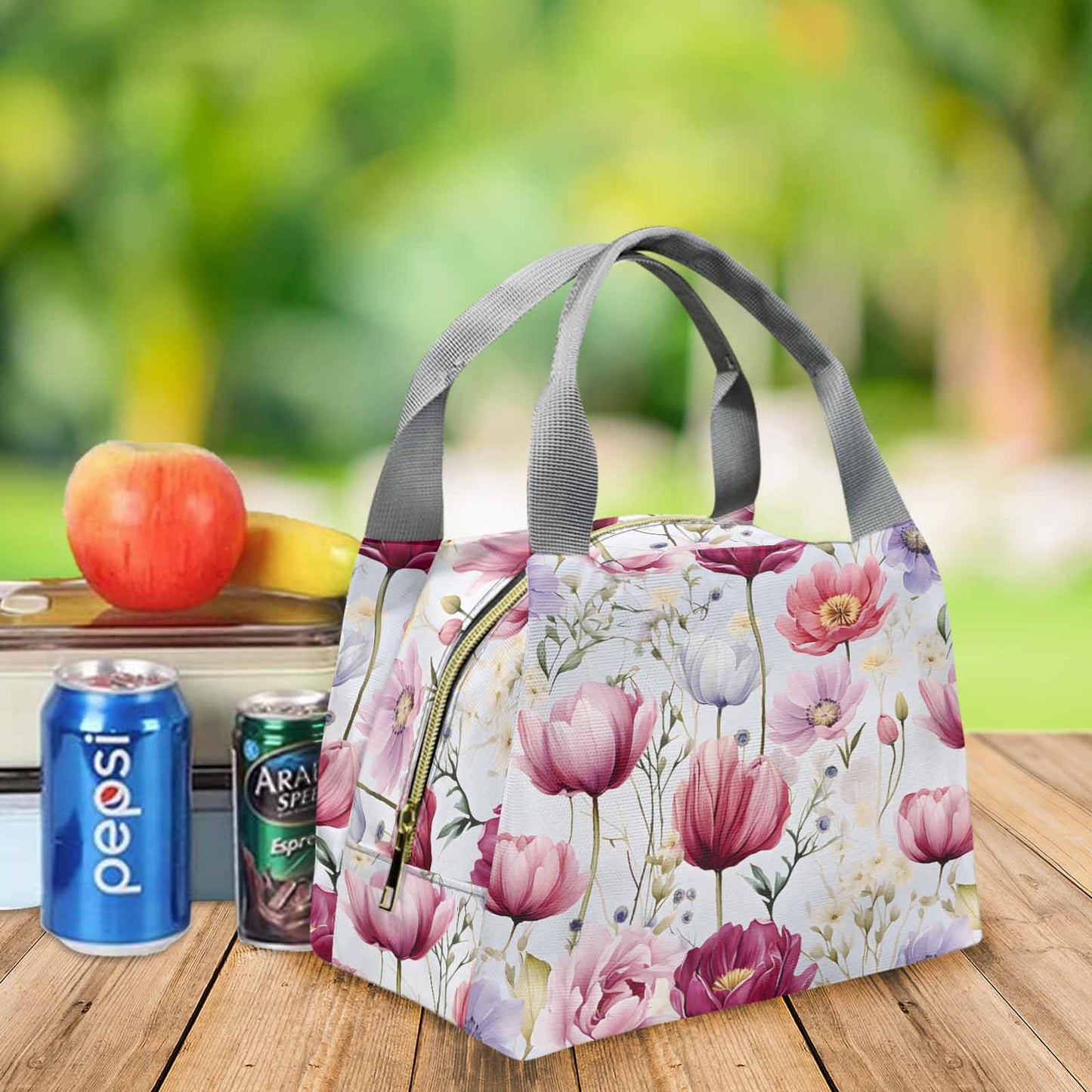 Wildflowers Portable Lunch Bag-Grey Handle
