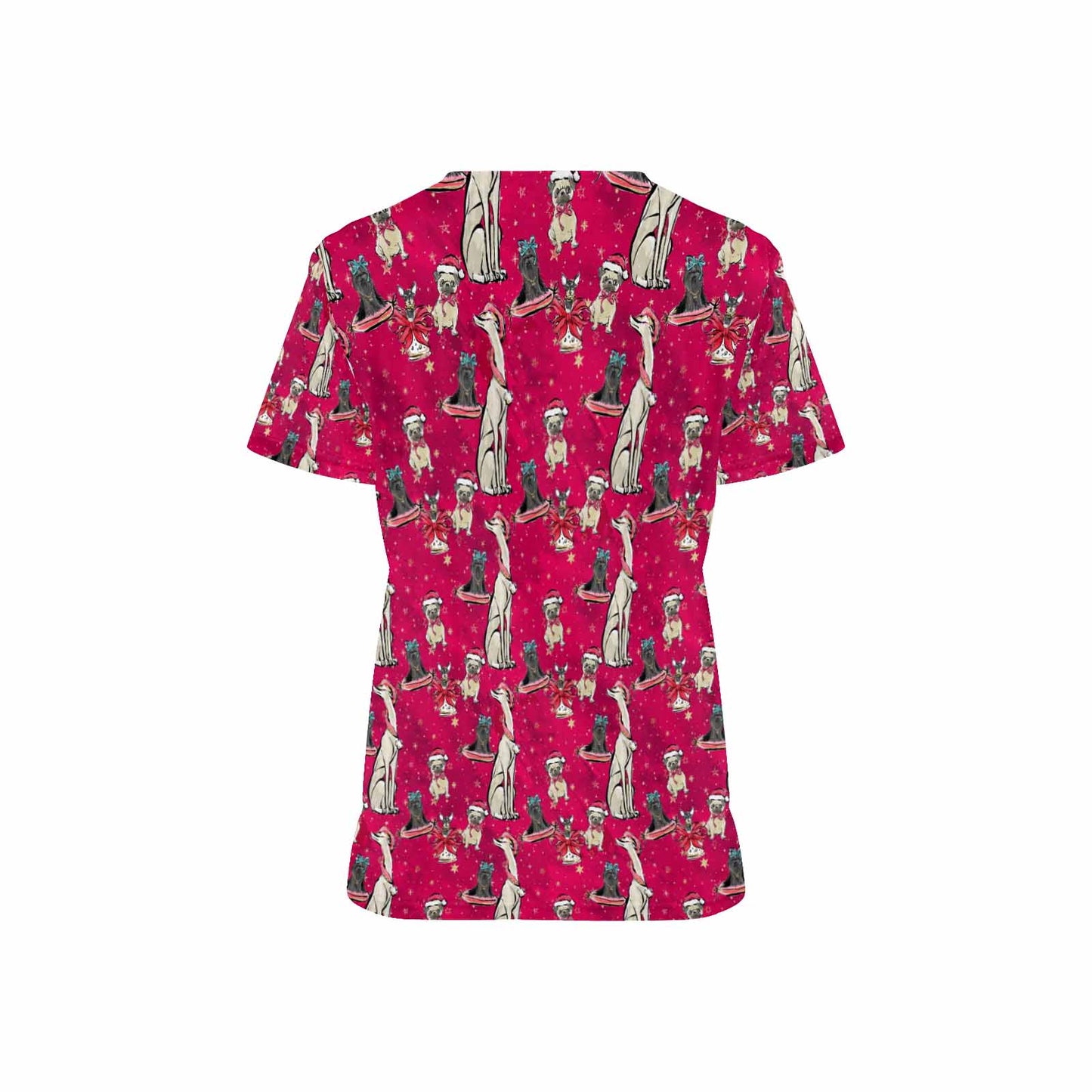 Doggie Christmas Red Women's V Neck Scrub Top Nurse Uniform with Deep Front Pockets