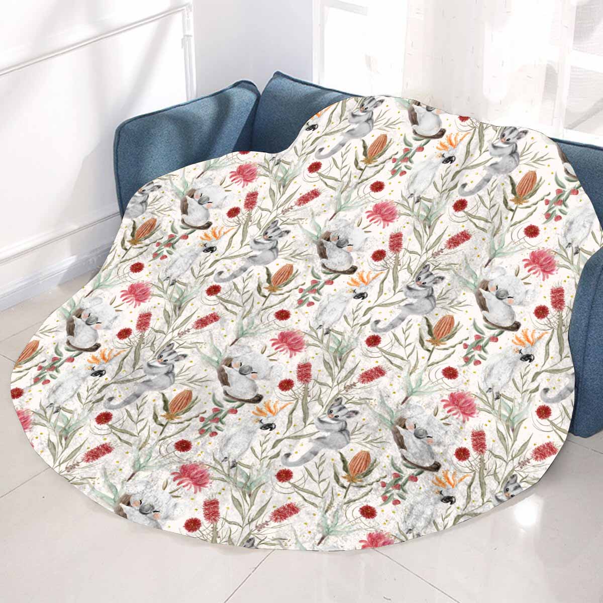 Australian Animals, Koala Cockatoo and Sugar Glider Circular Micro Fleece Blanket 60"
