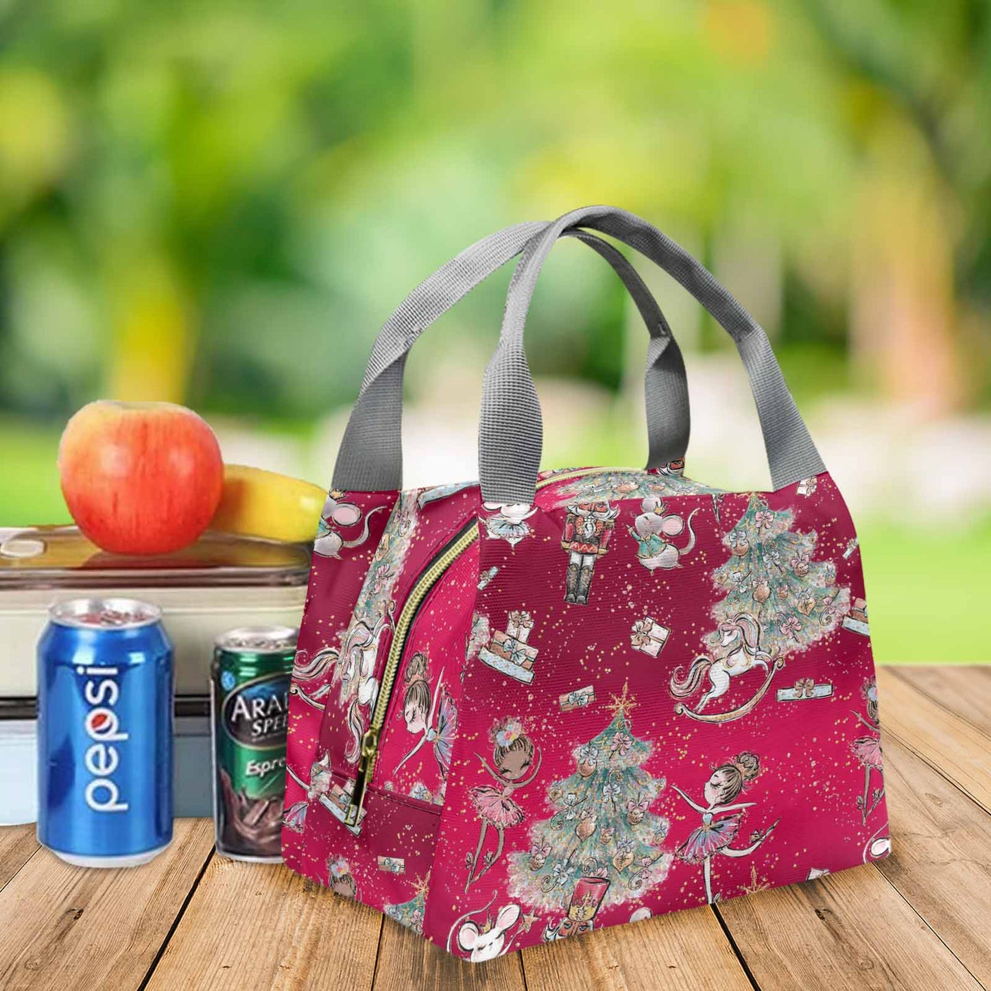 Red Christmas Portable Lunch Bag-Grey Handle