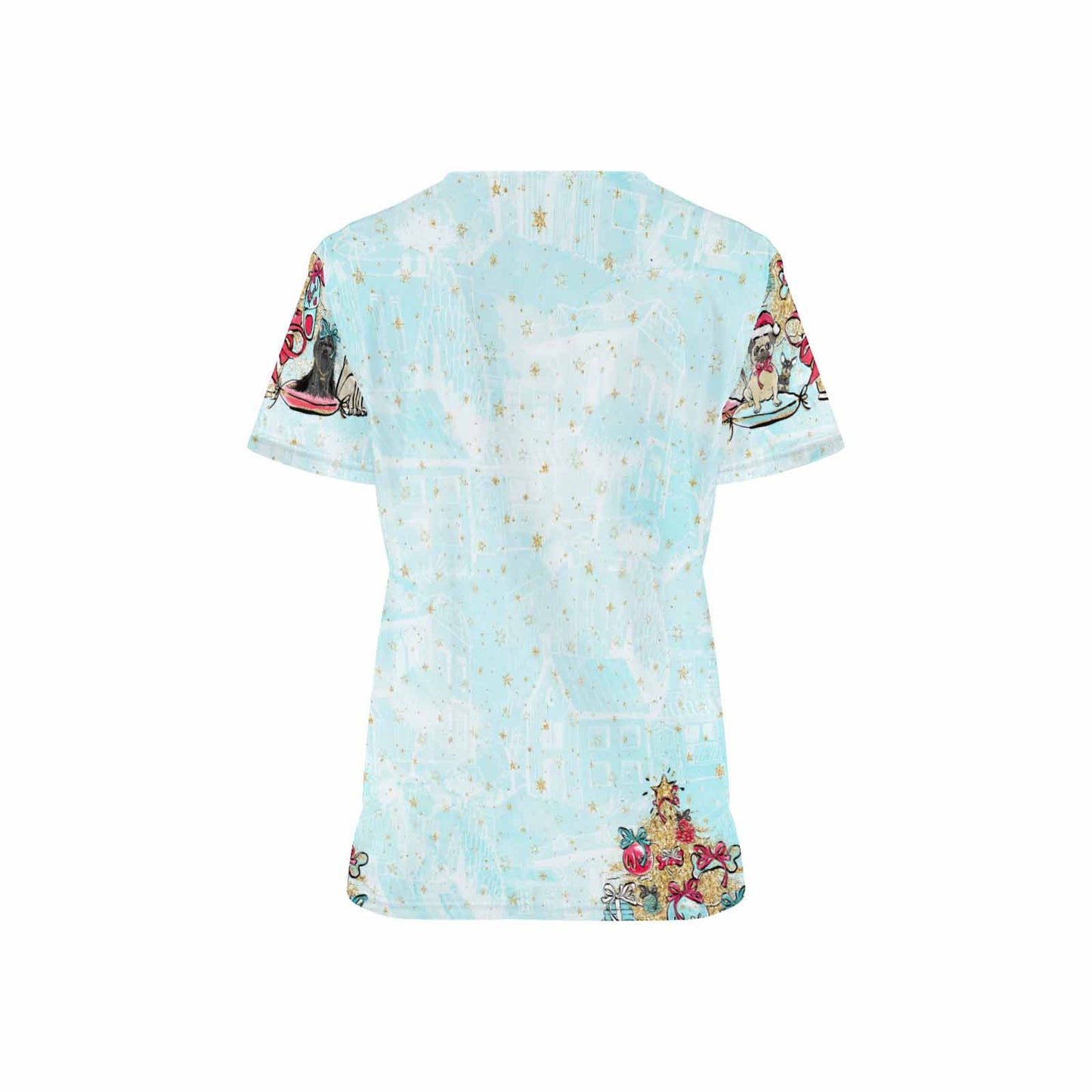 Blue Doggie Christmas Women's V Neck Scrub Top Nurse Uniform with Deep Front Pockets