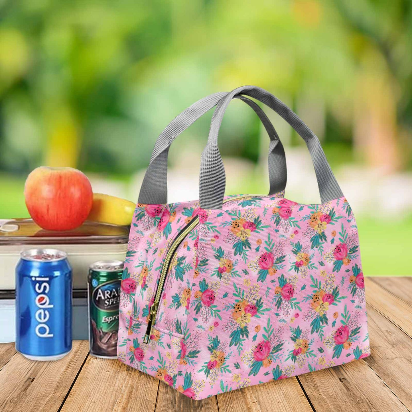 Australian Floral Pink Portable Lunch Bag-Grey Handle