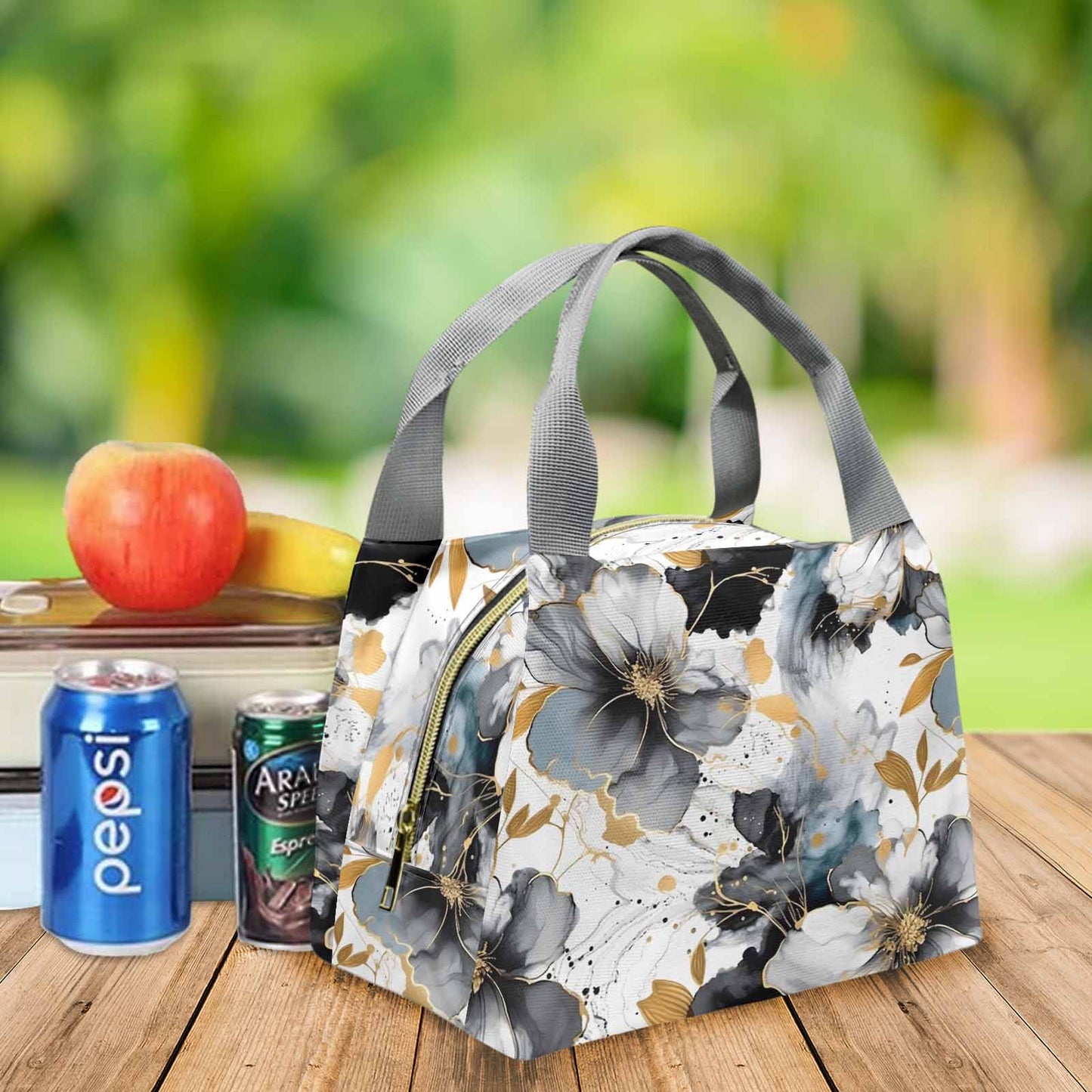 Black White and Gold Portable Lunch Bag-Grey Handle