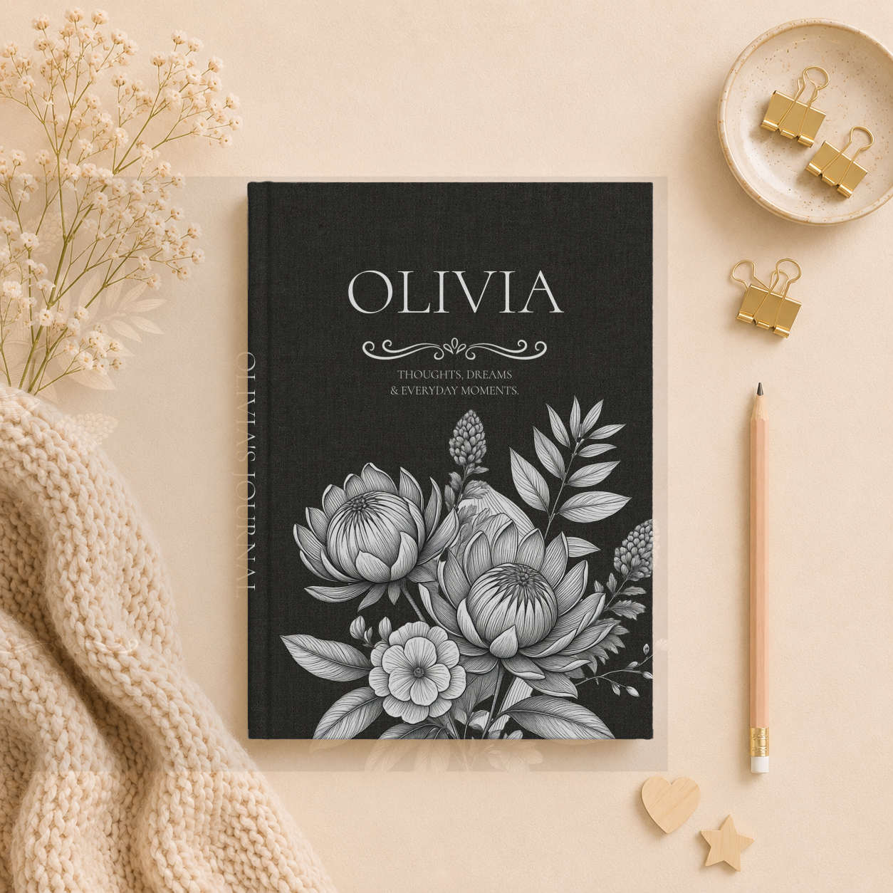Personalized Linen-look Journal | Custom Hardcover Notebook | Australian Botanical Journal | Elegant Name Notebook