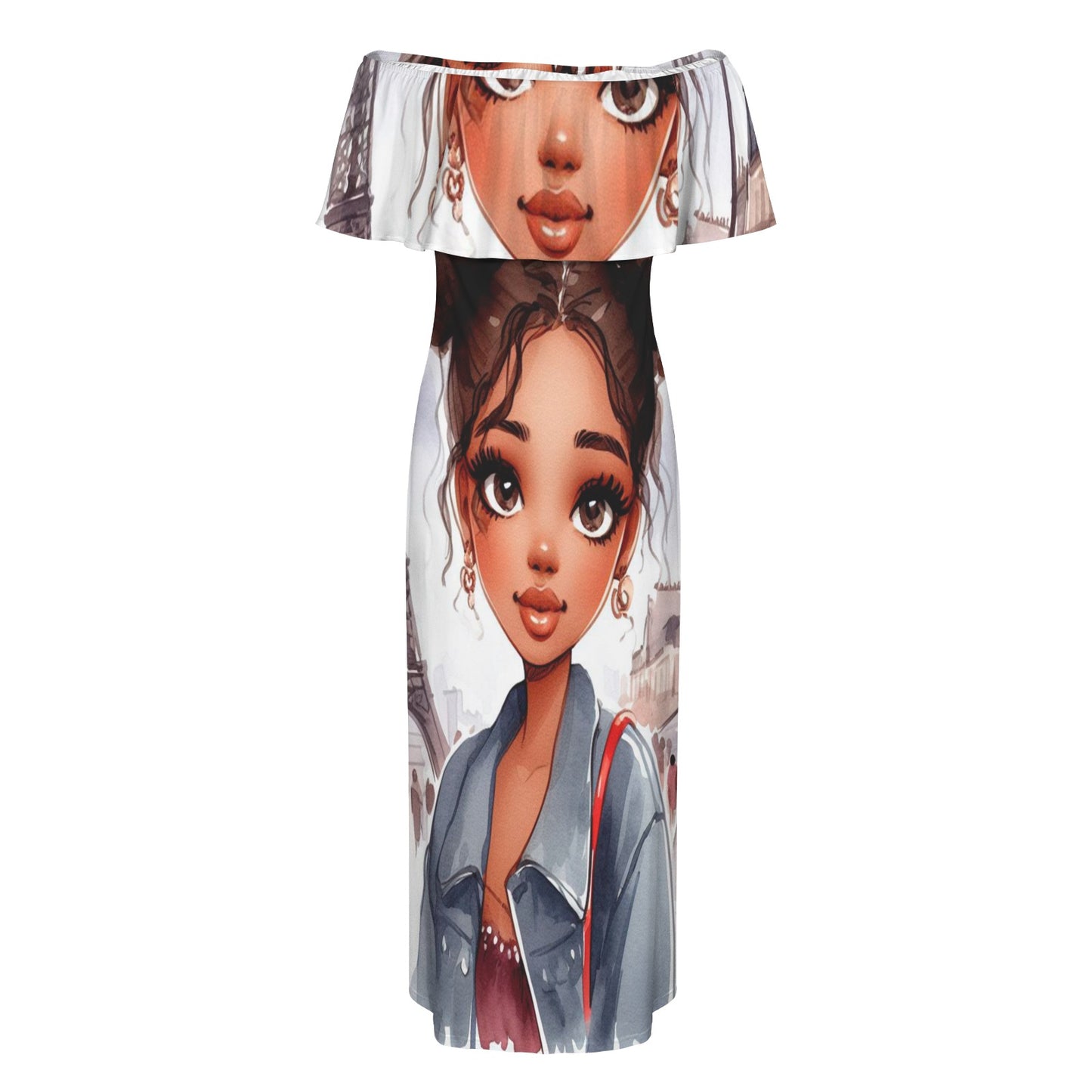 Girl 3 Women's Off Shoulder Ruffle Boat Neck Dress (Model D71)