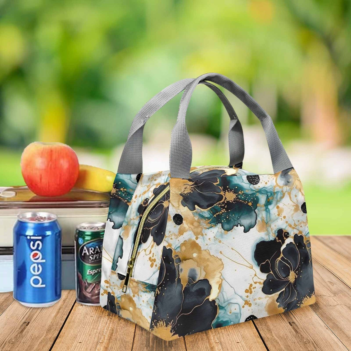 Black Gold & Green Ink Floral Portable Lunch Bag-Grey Handle