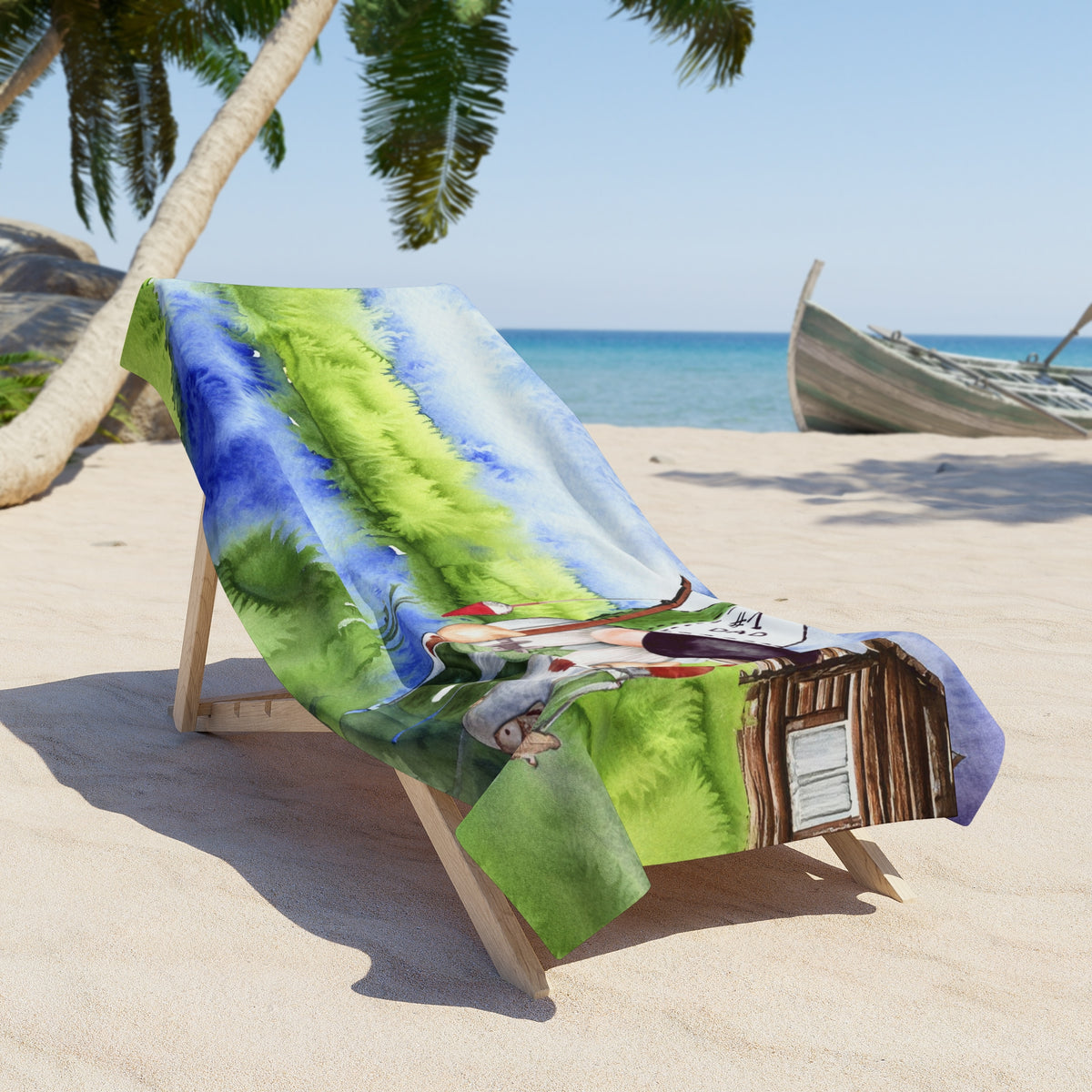 Beach Towel, Gnome fishing, Polycotton Towel, 2 sizes Available