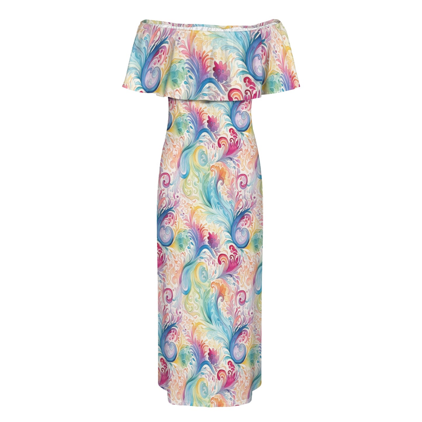 Pastel Rainbow Paisley Women's Off Shoulder Ruffle Boat Neck Dress (Model D71)