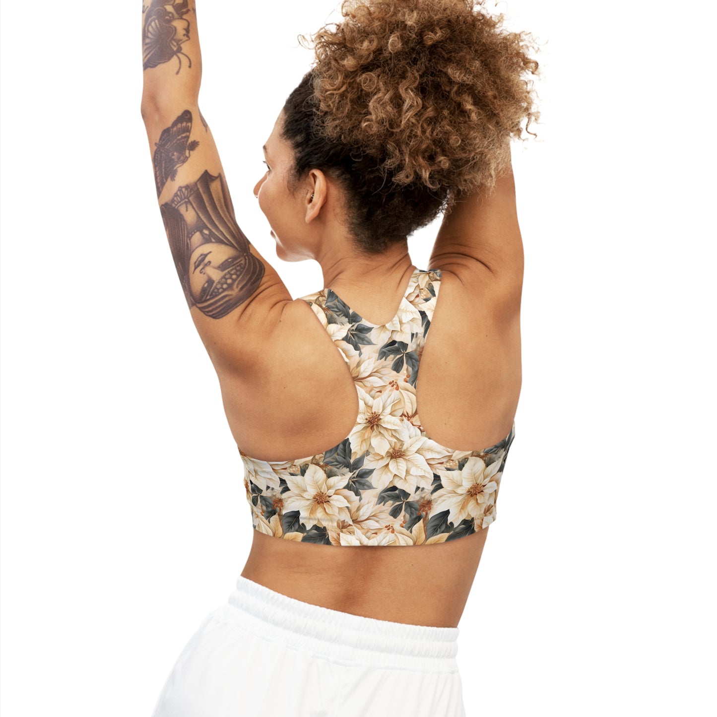 Seamless Sports Bra, Cream Poinsettia, Women's Crop Top, Women's Sportswear, Women's Athleticwear, Women's Activewear