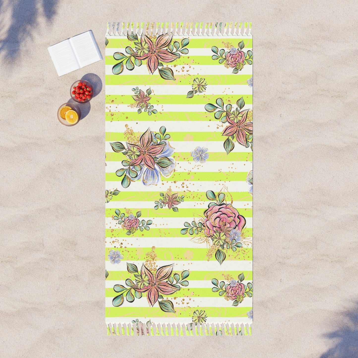 Boho Beach Towel, Candy Stripes and Flowers