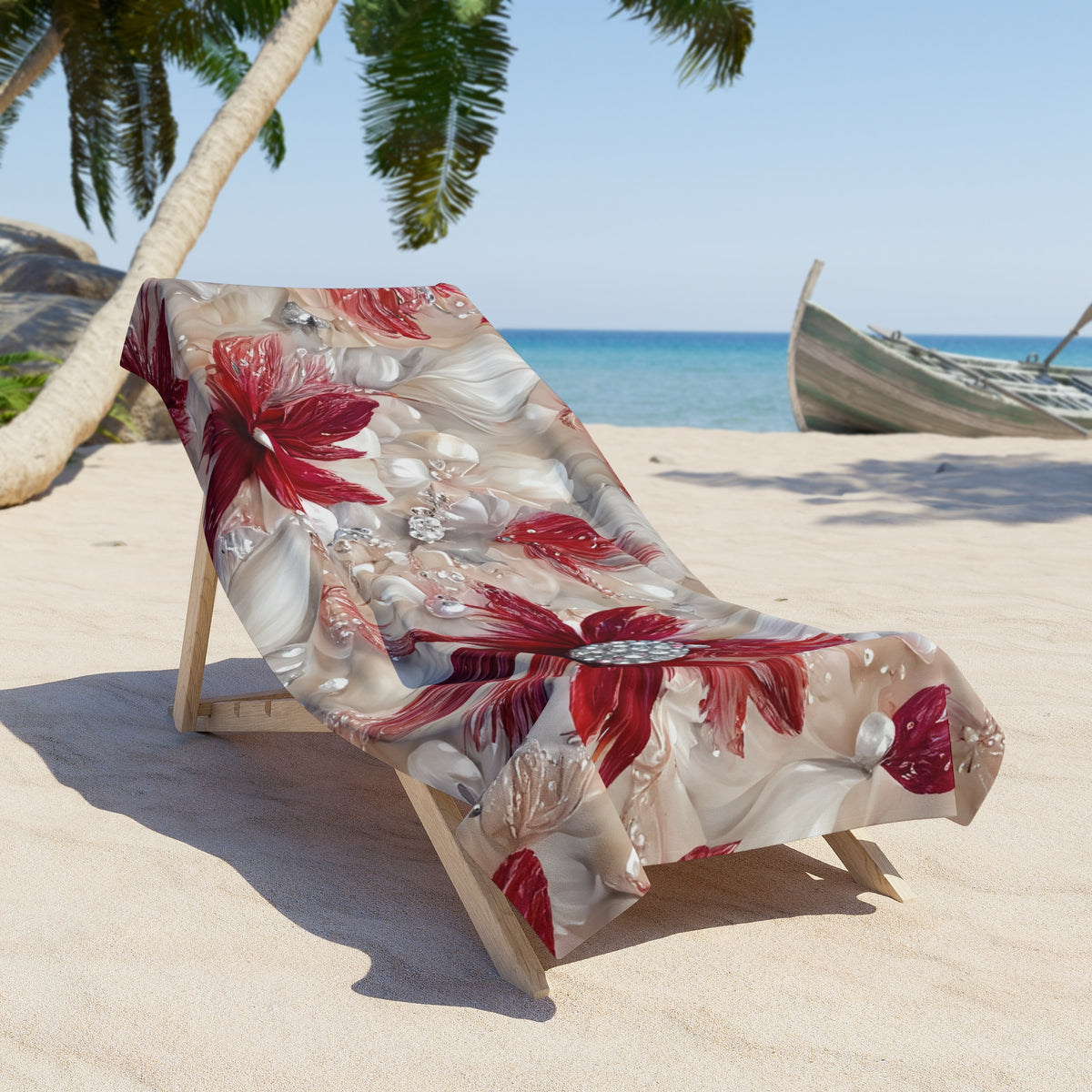 Beach Towel, Red Floral, Polycotton Towel, 2 sizes Available
