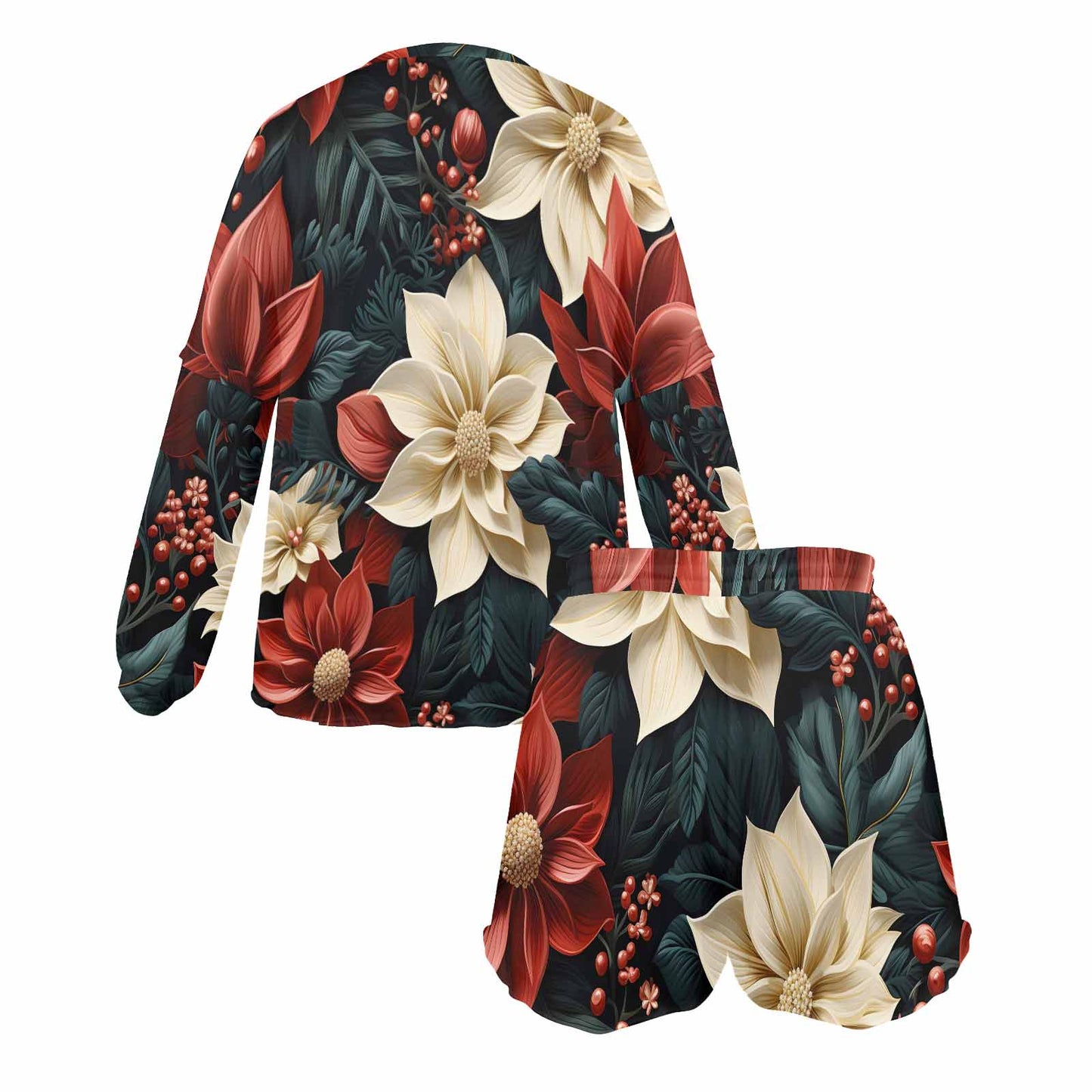 Red Poinsettia Women's Long Sleeve Pajama Set with Shorts