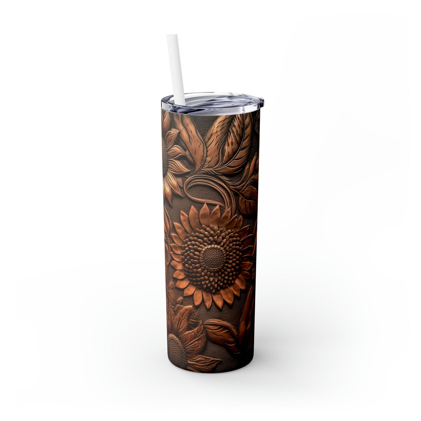 Skinny Tumbler with Straw, 20oz, Floral carved wood/leather look, awd-346