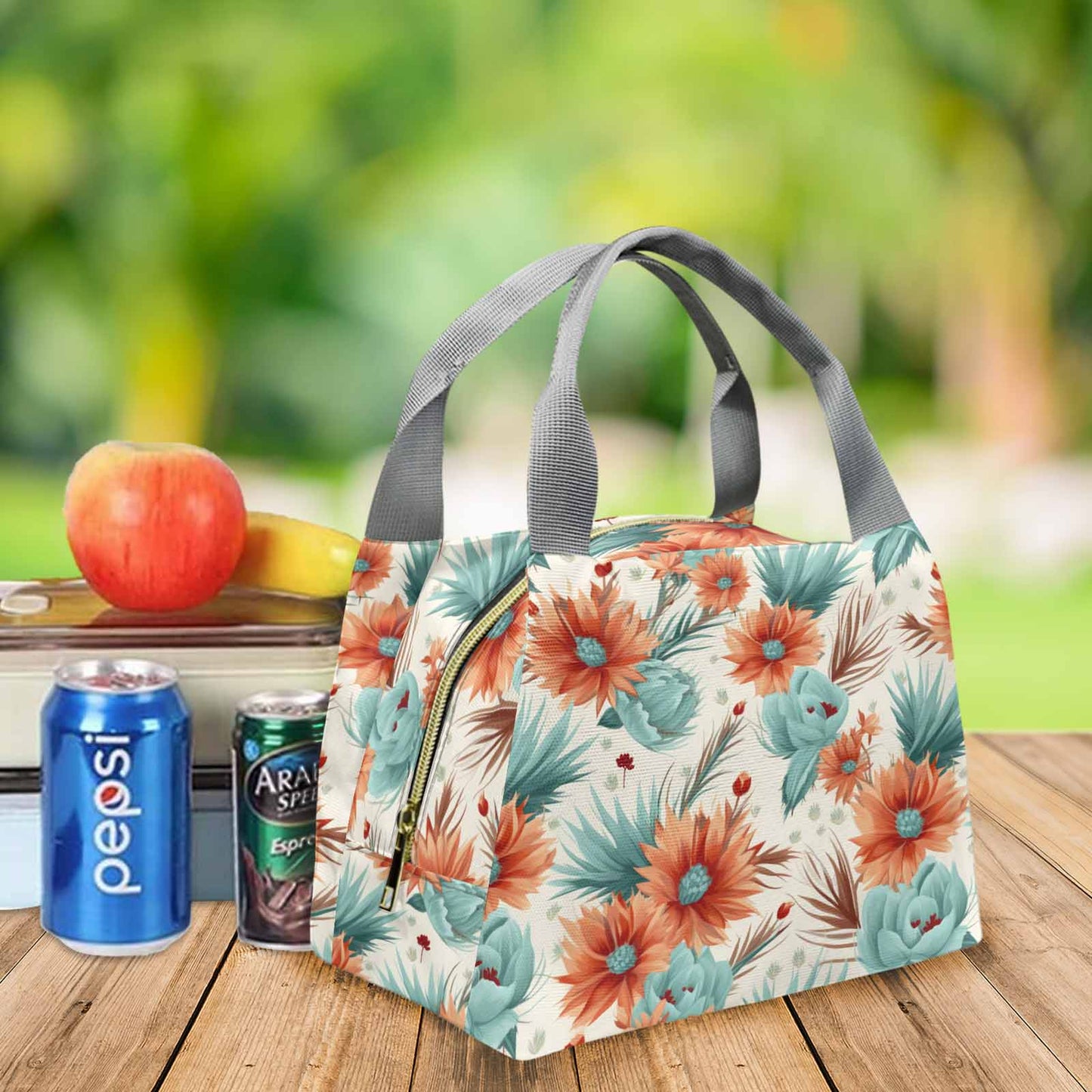 Boho Floral Portable Lunch Bag-Grey Handle