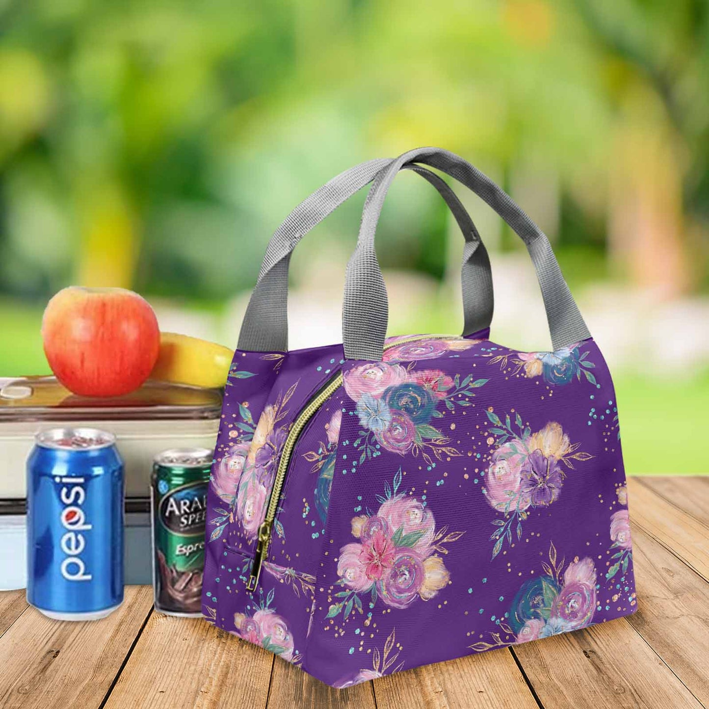 Purple Floral Portable Lunch Bag-Grey Handle