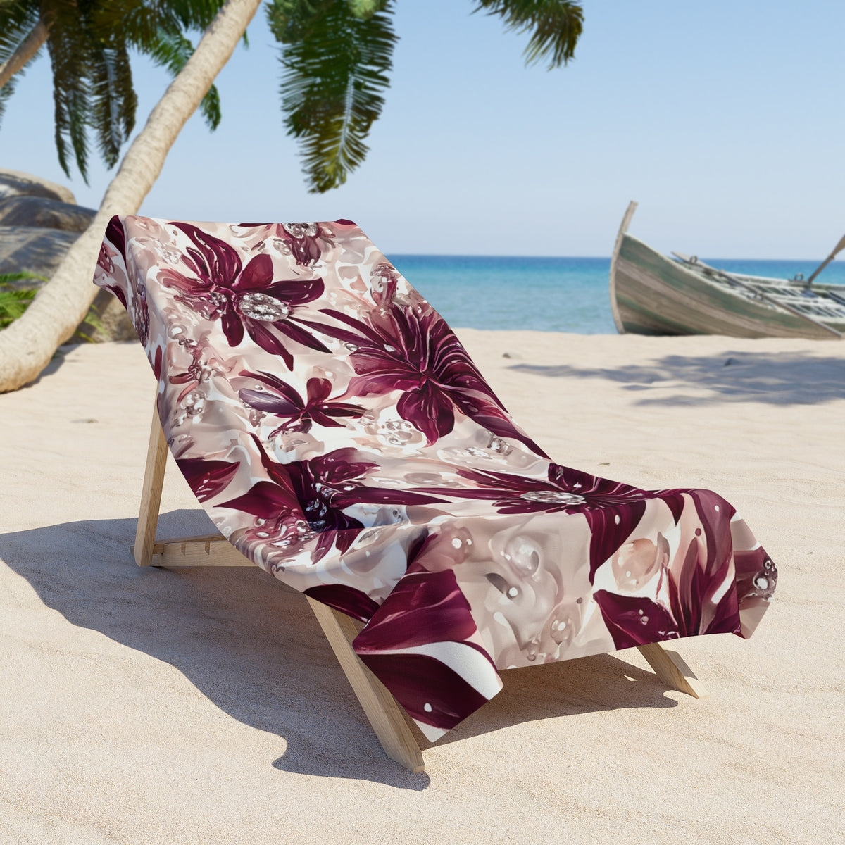 Beach Towel, Burgandy Floral, Polycotton Towel, 2 sizes Available