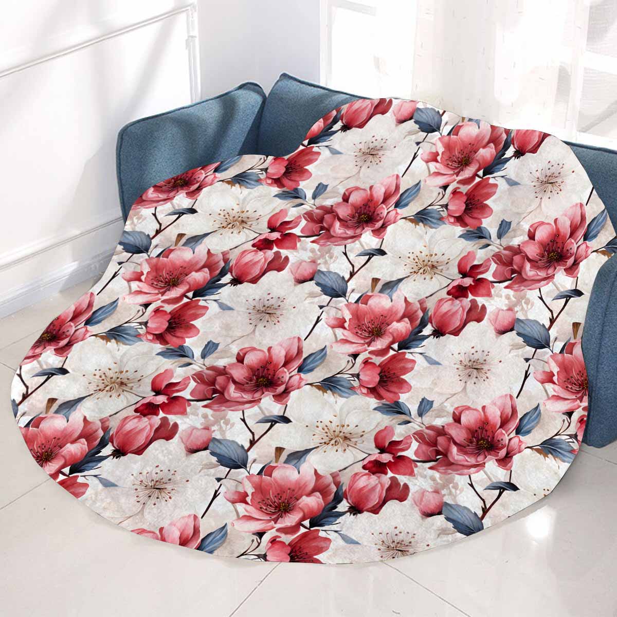 Pink Floral Small Circular Micro Fleece Blanket 47"