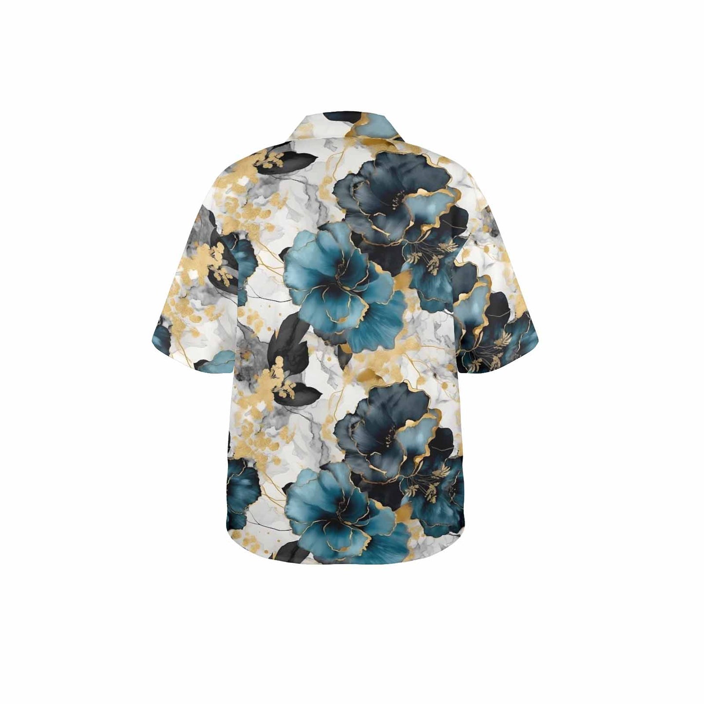 Blue & Gold Ink Floral Women's Hawaiian Shirt