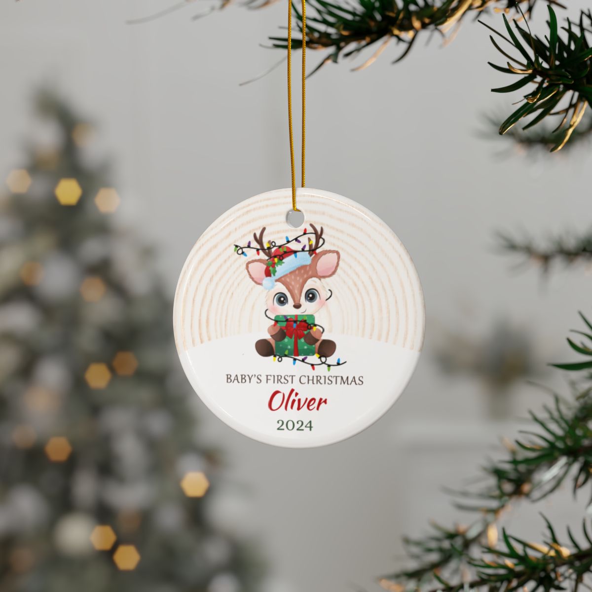 Personalized Baby's First Christmas Ornament, Cute Reindeer Gift, Ceramic Holiday Keepsake