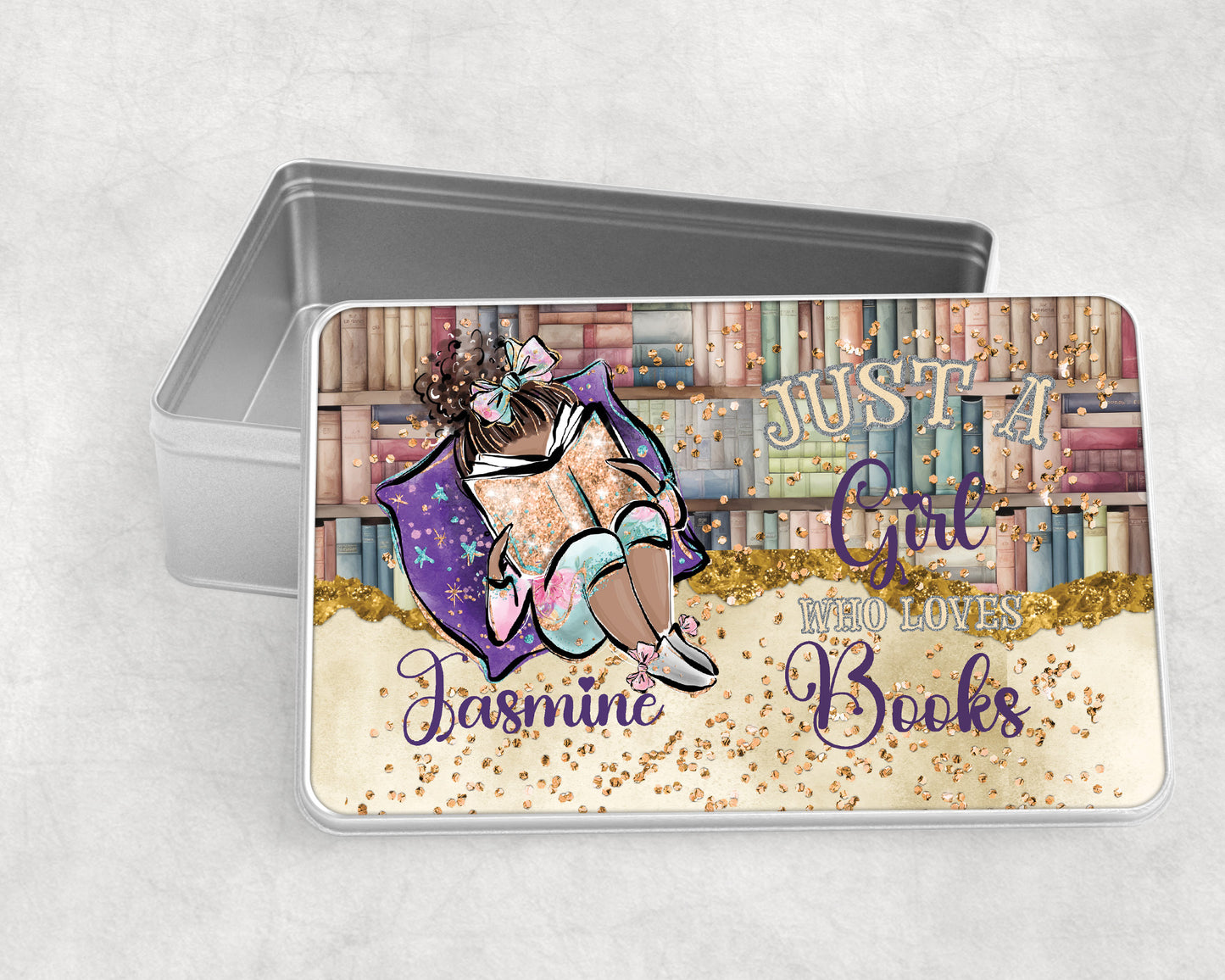 Personalised Storage Tin, Girl Who Loves Books