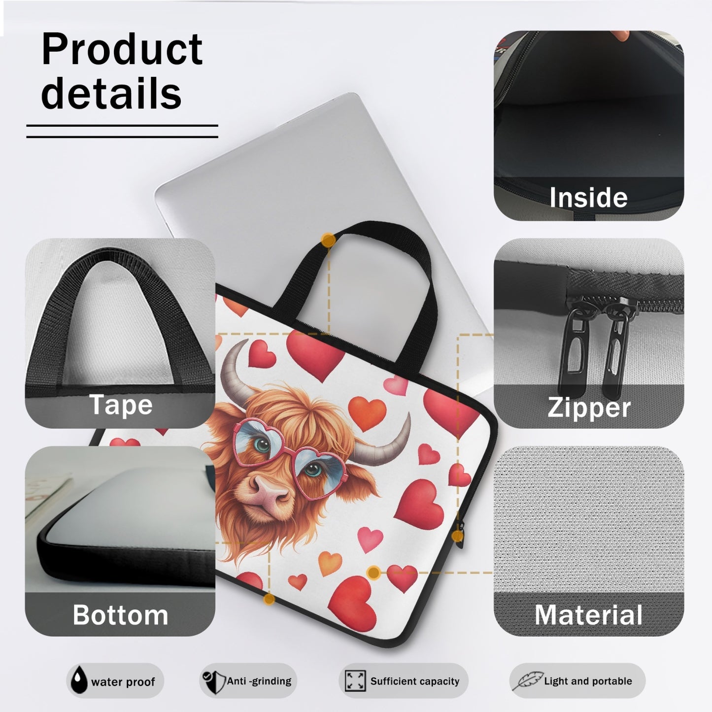 Laptop Sleeve with Handles- Highland Cow - Hearts