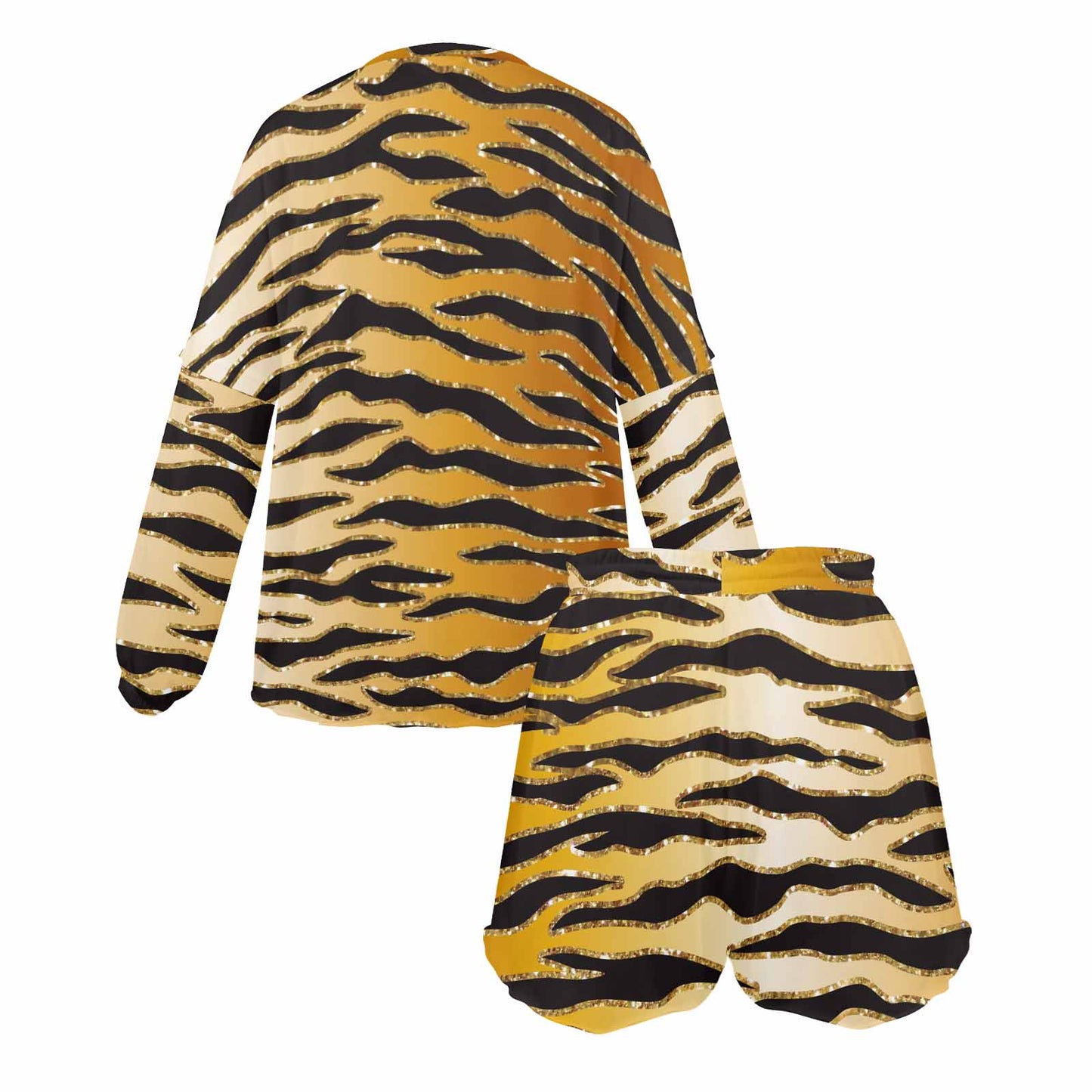 Glitter Gold Animal Print Women's Long Sleeve Pajama Set with Shorts