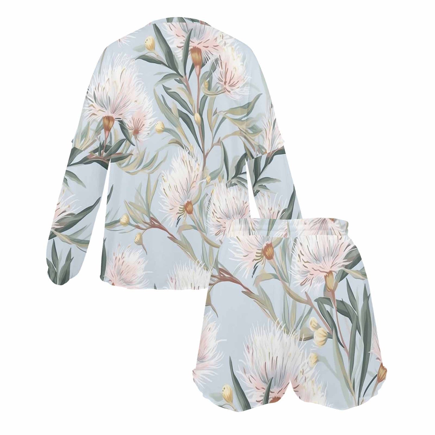 Australian Floral Blue Women's Long Sleeve Pajama Set with Shorts