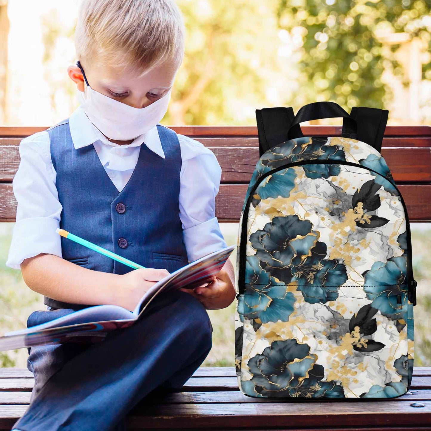 Blue & Gold Ink Floral Adult Casual Backpack