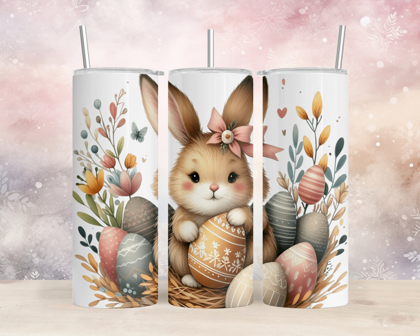 Skinny Tumbler with Straw, 20oz, Easter, Rabbit with Eggs, awd-1062