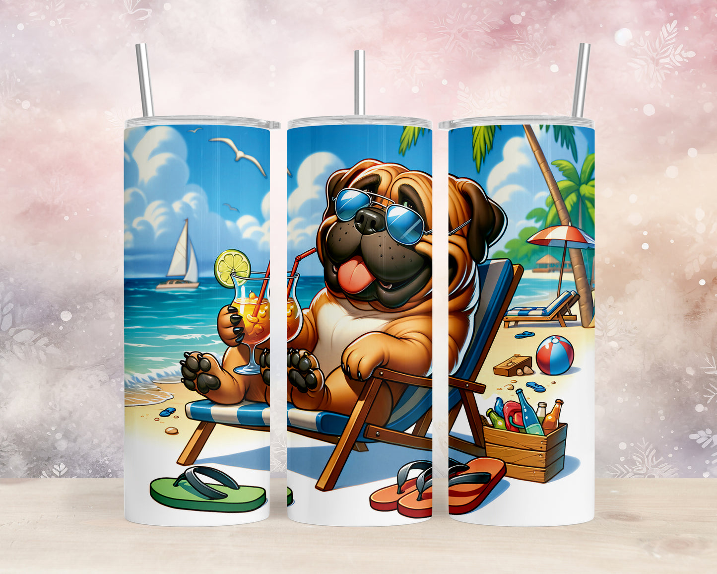 Skinny Tumbler with Straw, 20oz, Dog on Beach, Bull Mastiff, awd-1101
