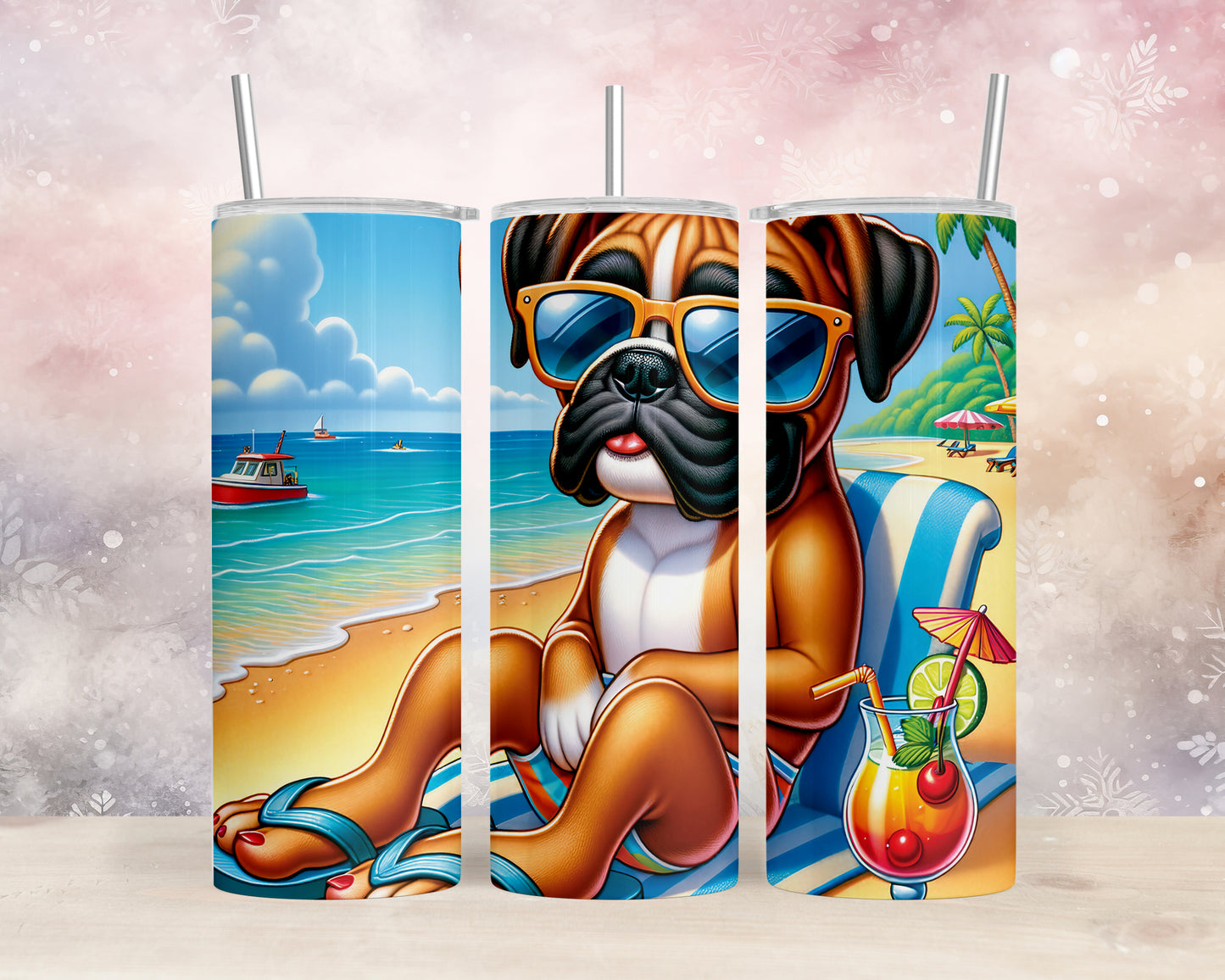 Skinny Tumbler with Straw, 20oz, Dog on Beach, Boxer, awd-1102