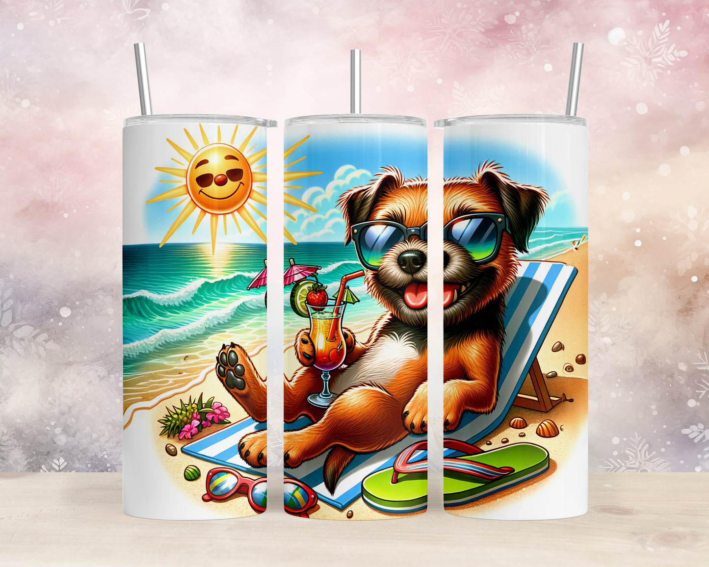 Skinny Tumbler with Straw, 20oz, Dog on Beach, BorderTerrier, awd-1105