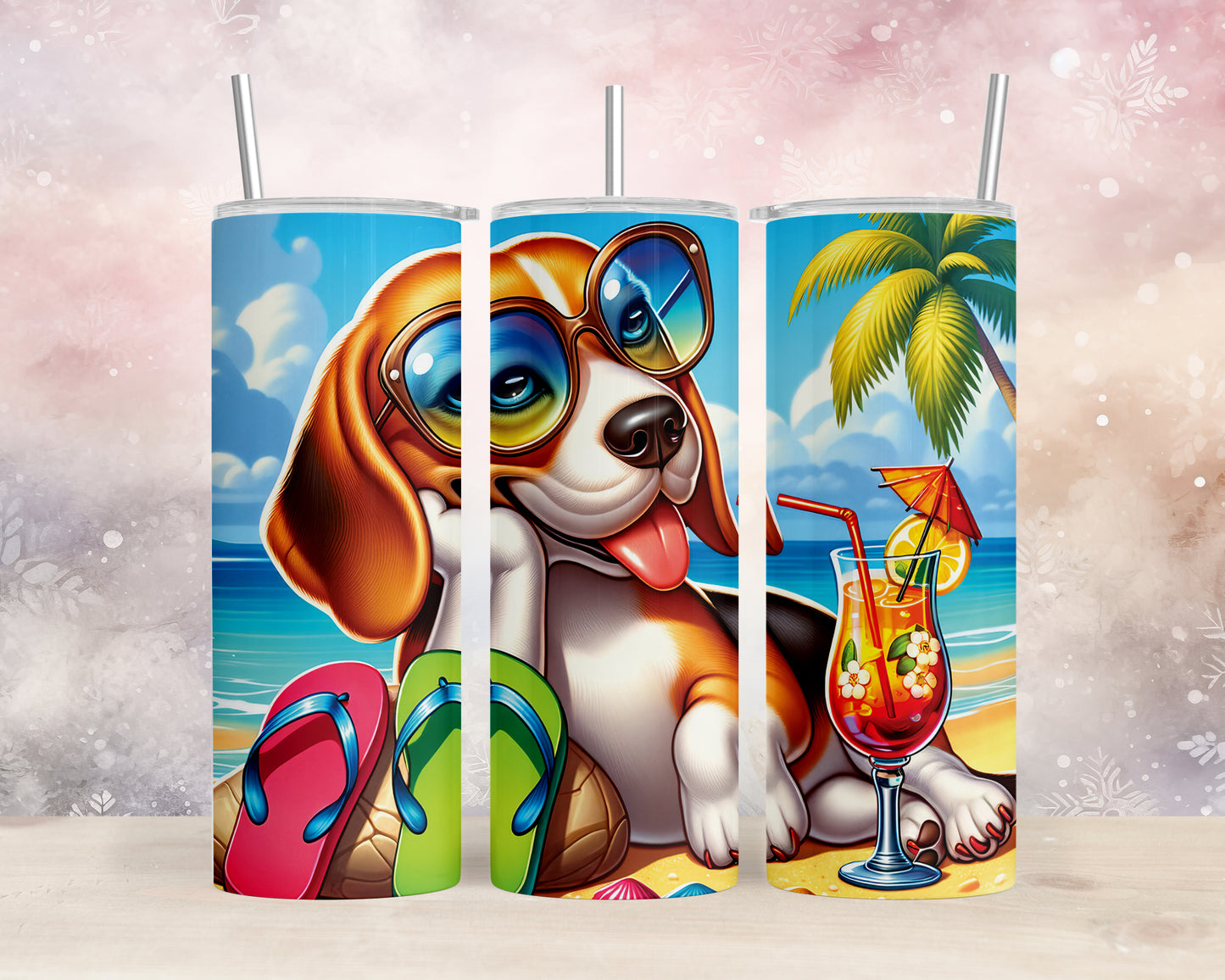 Skinny Tumbler with Straw, 20oz, Dog on Beach, Beagle, awd-1109
