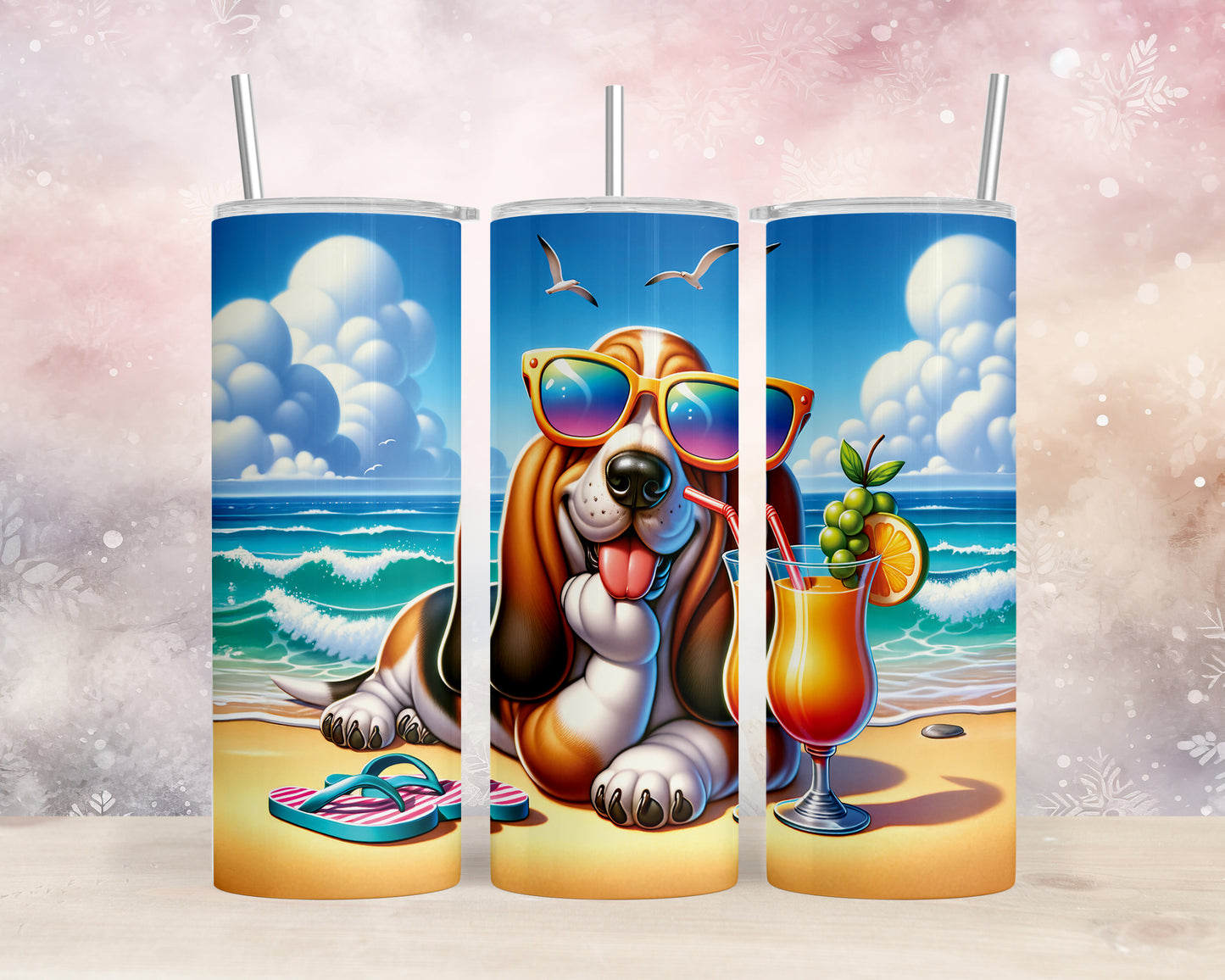 Skinny Tumbler with Straw, 20oz, Dog on Beach, Basset Hound, awd-1110