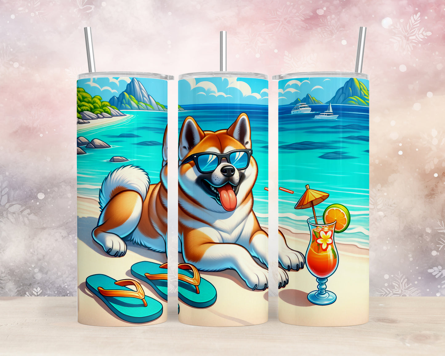 Skinny Tumbler with Straw, 20oz, Dog on Beach, Akita, awd-1117