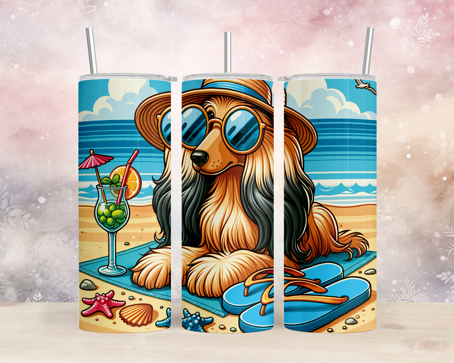 Skinny Tumbler with Straw, 20oz, Dog on Beach, Afghan Hound, awd-1118