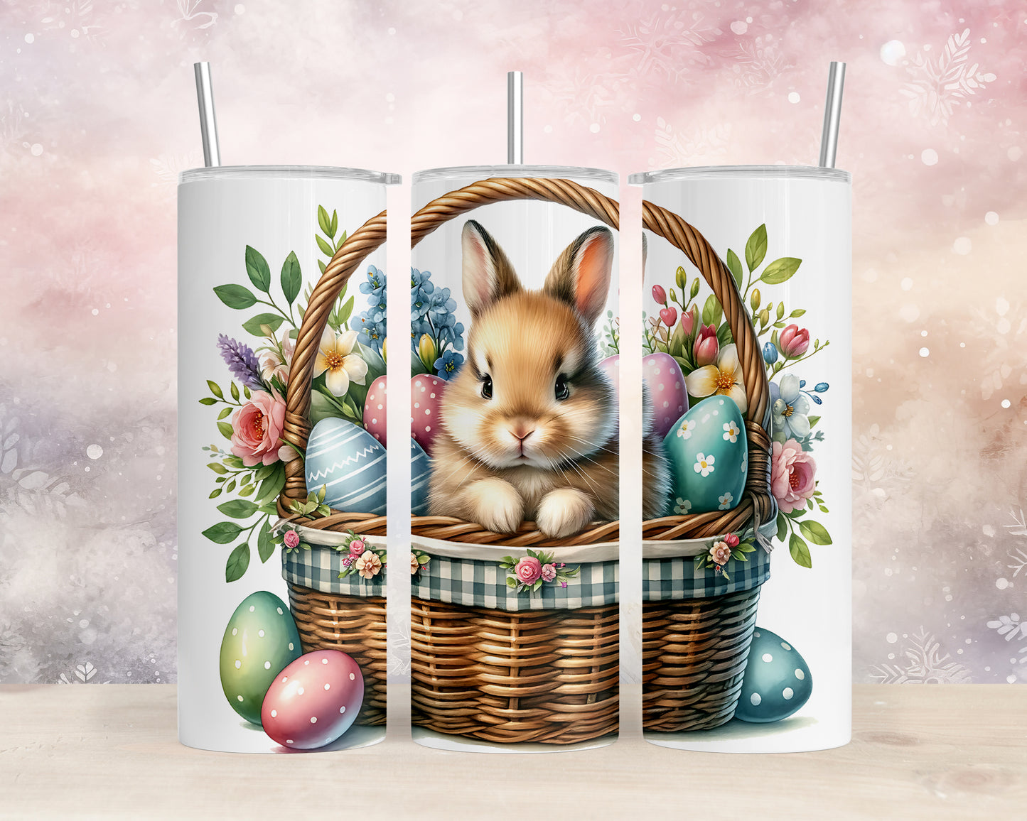 Skinny Tumbler with Straw, 20oz, Easter, Rabbit with Eggs, awd-1166