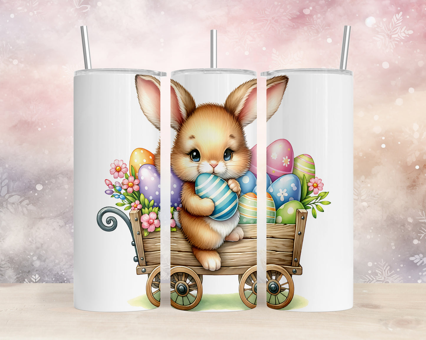 Skinny Tumbler with Straw, 20oz, Easter, Rabbit with Eggs, awd-1167