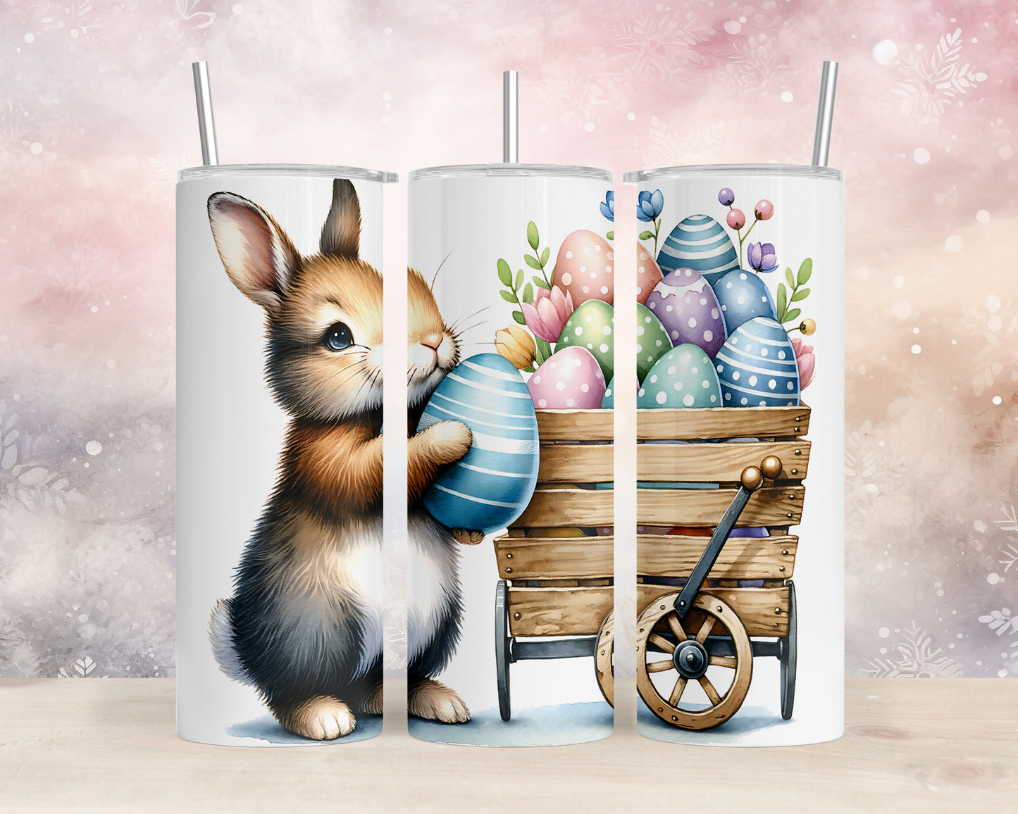 Skinny Tumbler with Straw, 20oz, Easter, Rabbit with Eggs, awd-1168
