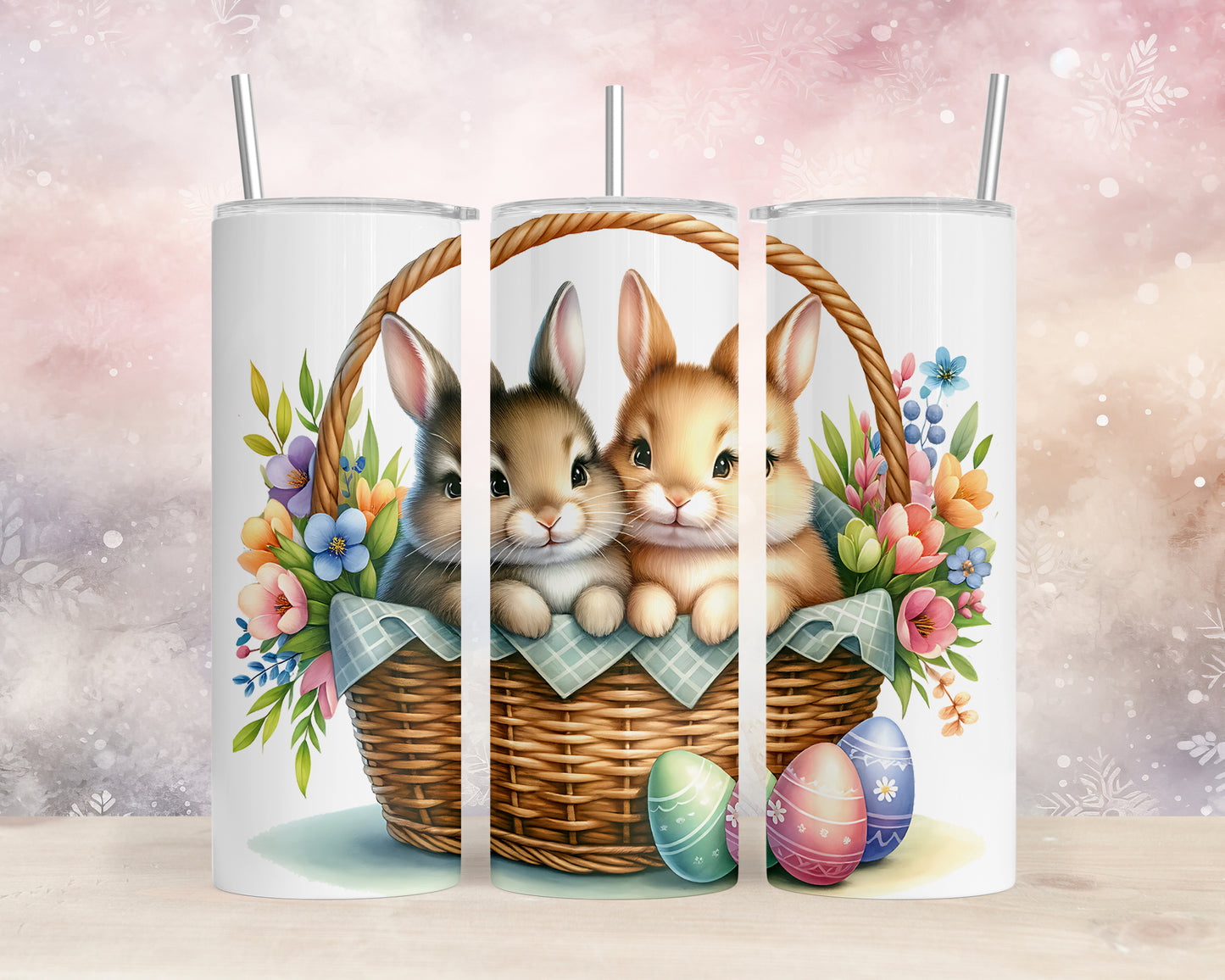 Skinny Tumbler with Straw, 20oz, Easter, Rabbit with Eggs, awd-1169