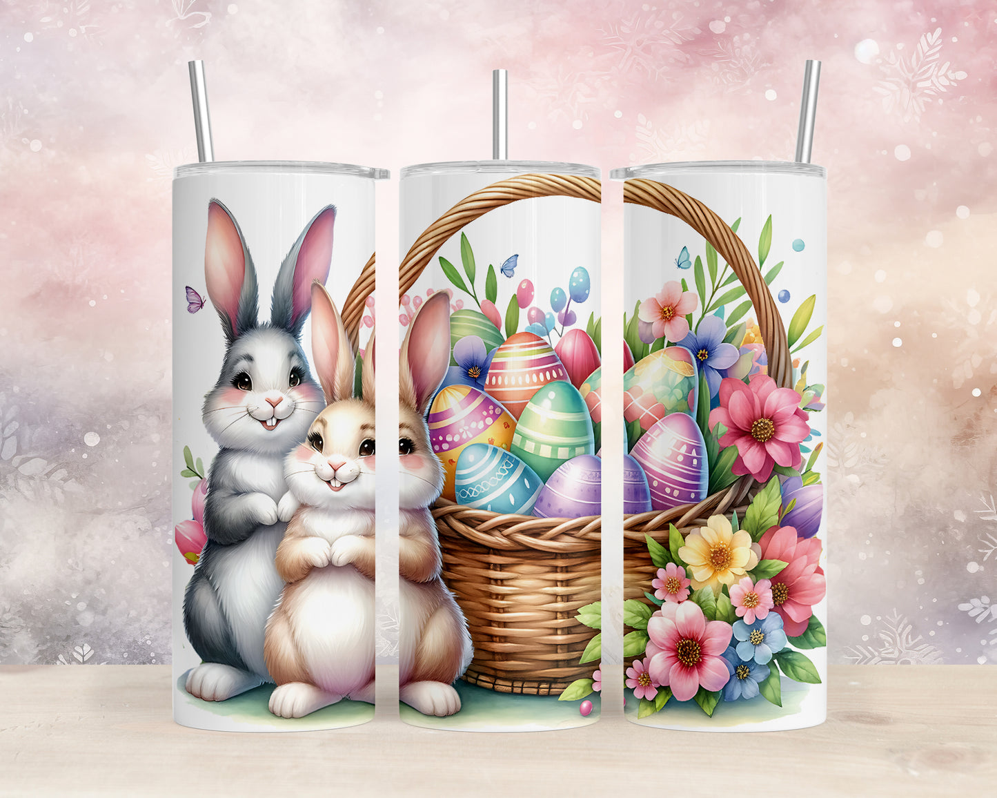 Skinny Tumbler with Straw, 20oz, Easter, Rabbit with Eggs, awd-1170