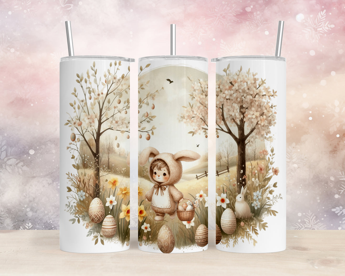 Skinny Tumbler with Straw, 20oz, Easter, Rabbit with Eggs, awd-1171