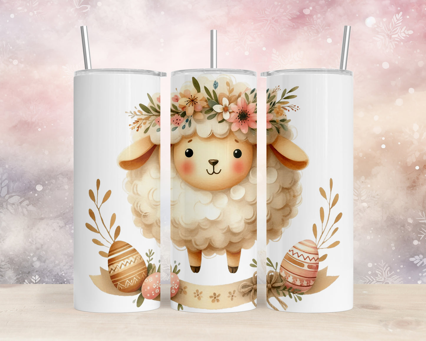 Skinny Tumbler with Straw, 20oz, Easter, Sheep with Eggs, awd-1172