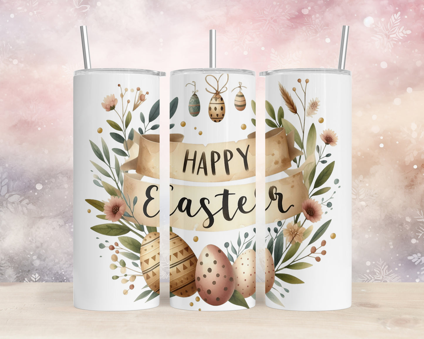 Skinny Tumbler with Straw, 20oz, Boho Easter, Happy Easter Eggs, awd-1173