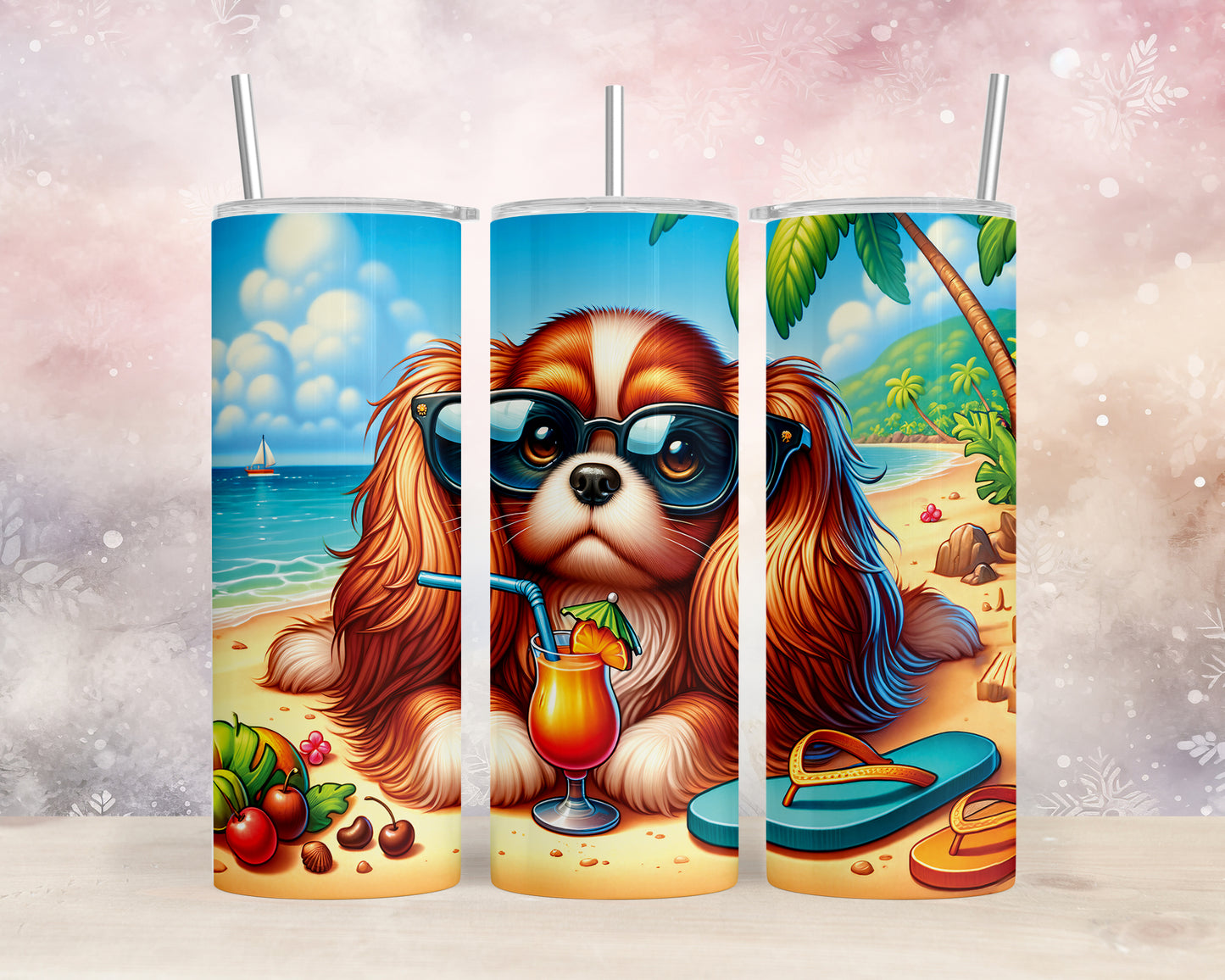 Skinny Tumbler with Straw, 20oz, Dog on Beach, Cavalier King Charles, awd-1204