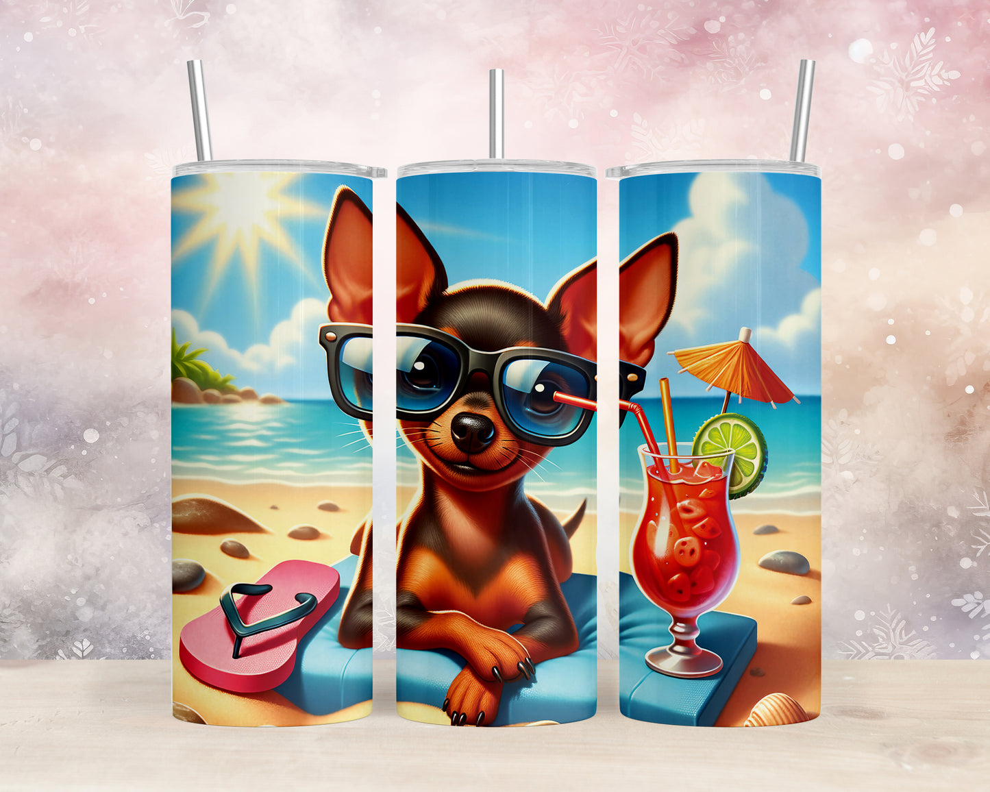 Skinny Tumbler with Straw, 20oz, Dog on Beach, Miniature Pincher, awd-1225