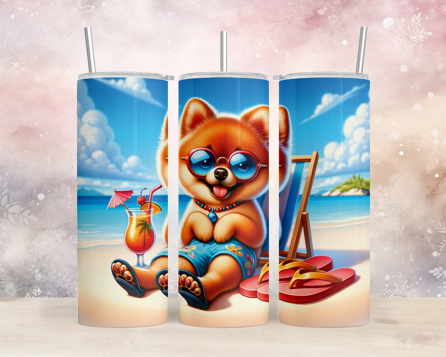 Skinny Tumbler with Straw, 20oz, Dog on Beach, Cute Pomeranian, awd-1232