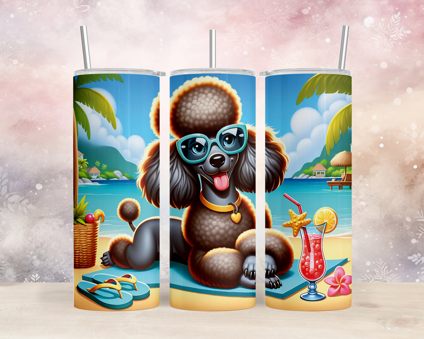 Skinny Tumbler with Straw, 20oz, Dog on Beach, Black Poodle, awd-1345