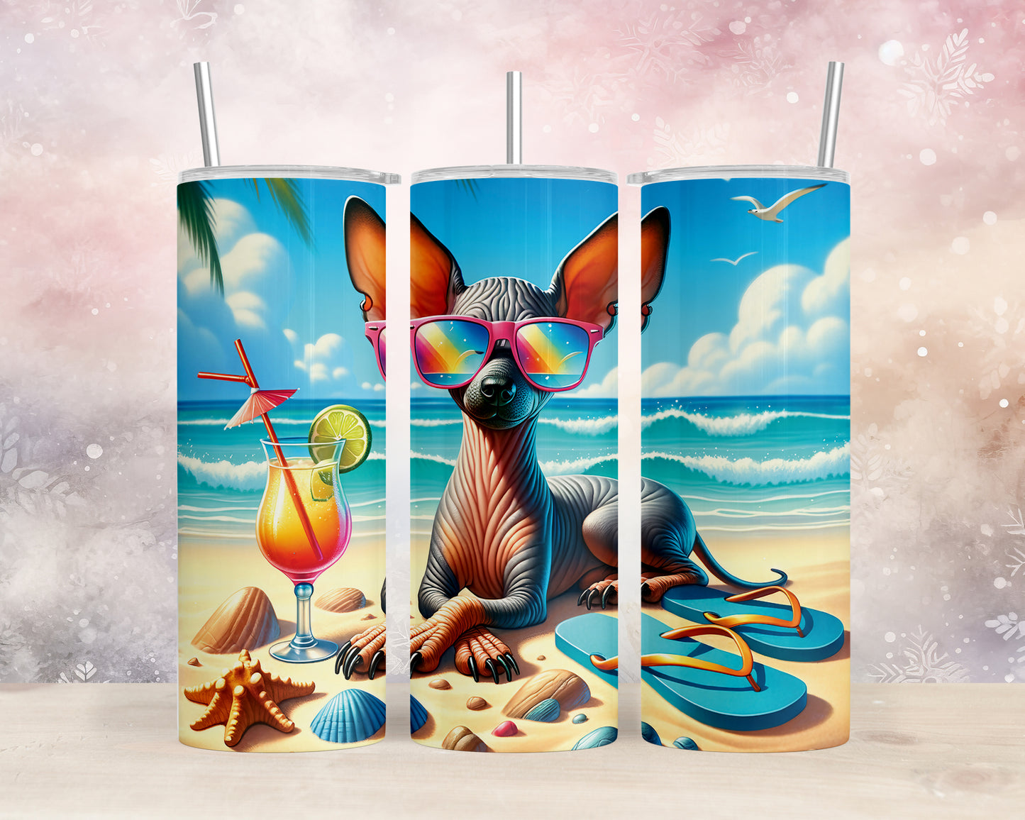 Skinny Tumbler with Straw, 20oz, Dog on Beach, Xloitcuintli, awd-1253